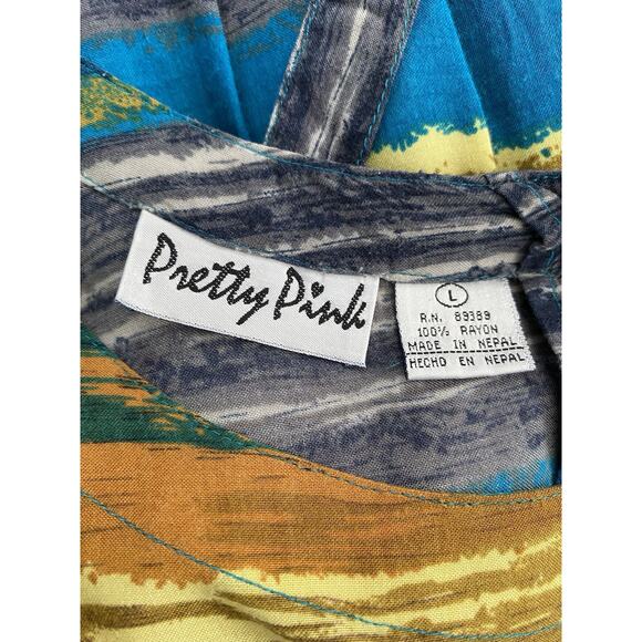 Vintage Pretty Pink Sz L Vibrant Colorful Rayon Back Button Front Pockets Maxi - Picture 5 of 9